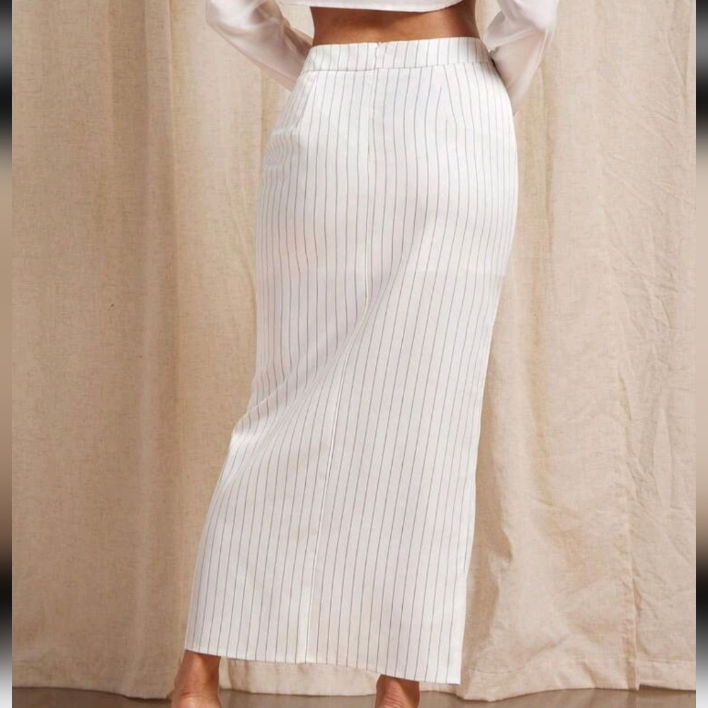 Pinstripe Front Slit Midi Office Skirt, Business Casual Women, Office Outfits - Picture 2 of 4